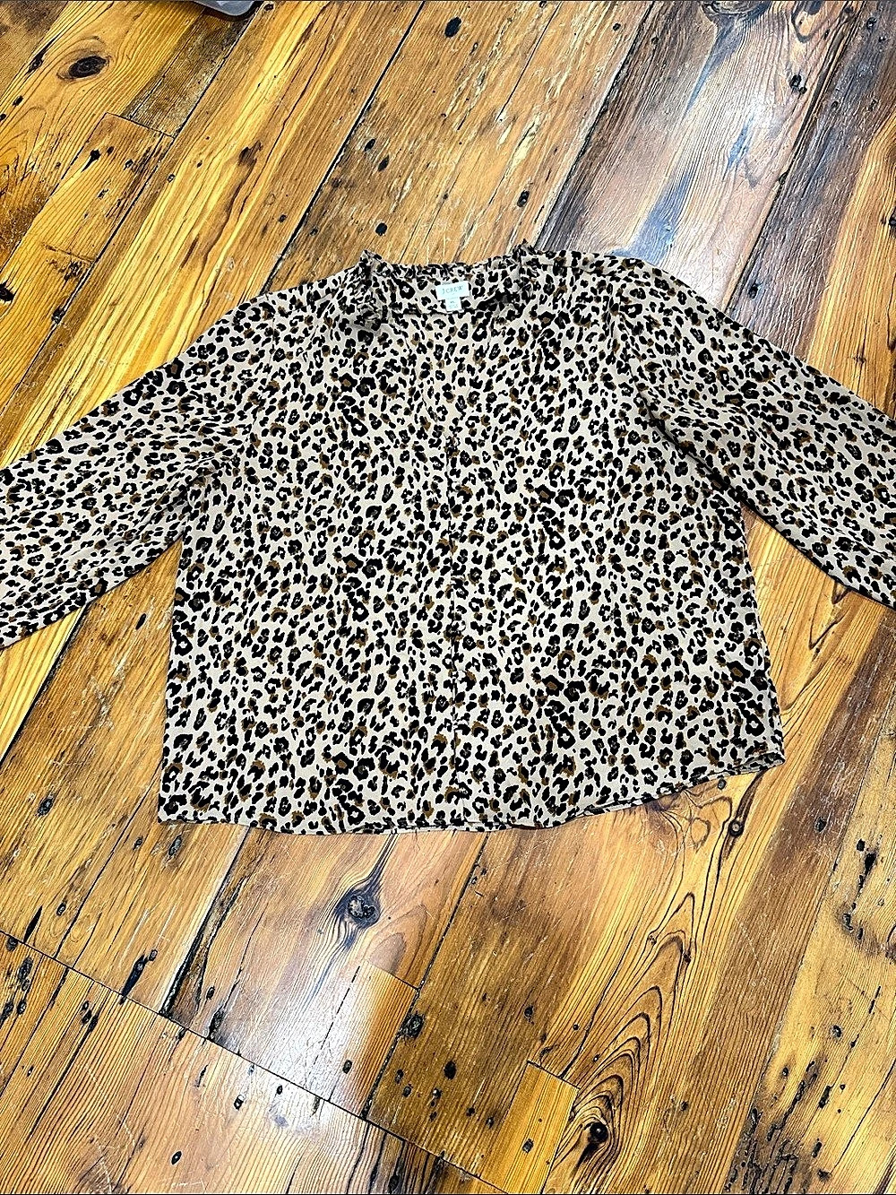 J.Crew Ruffle Neck Blouse in Leopard Print Brown & Black XL